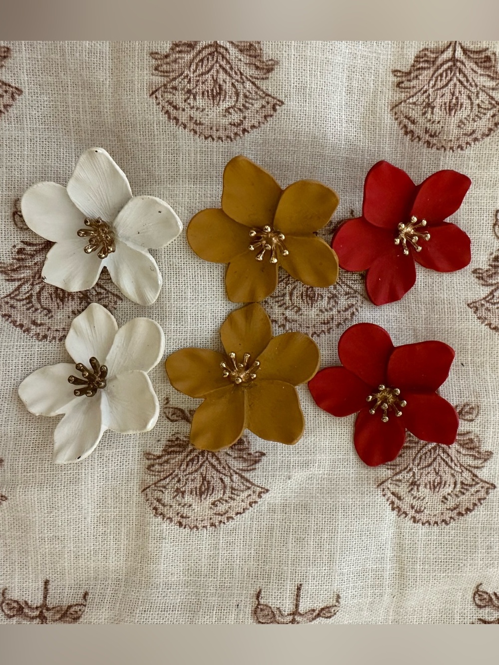 Handcrafted Floral Earrings Set - Red, Mustard & White